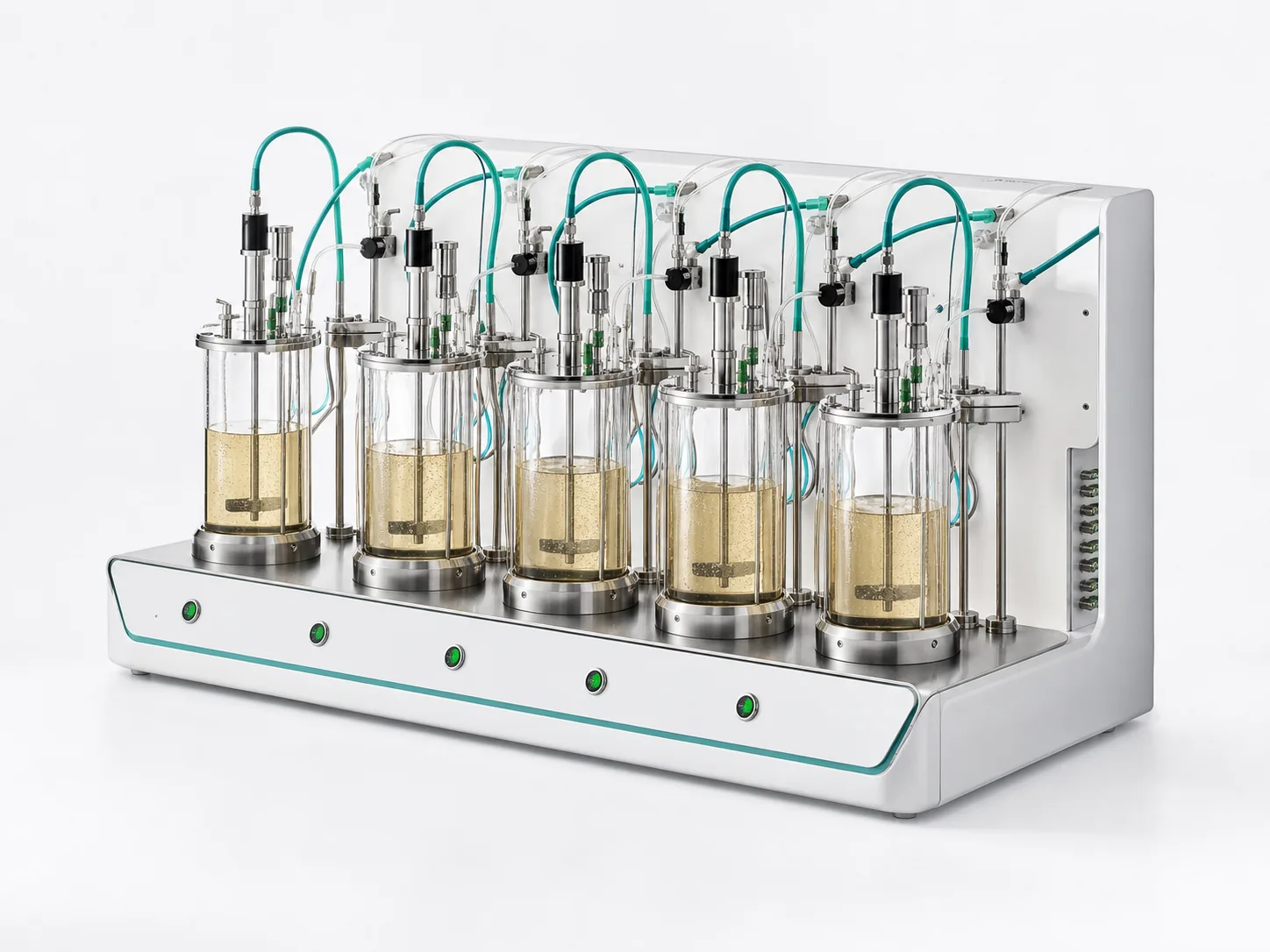 Six-vessel parallel benchtop bioreactor array with sensors, tubing, and impellers.