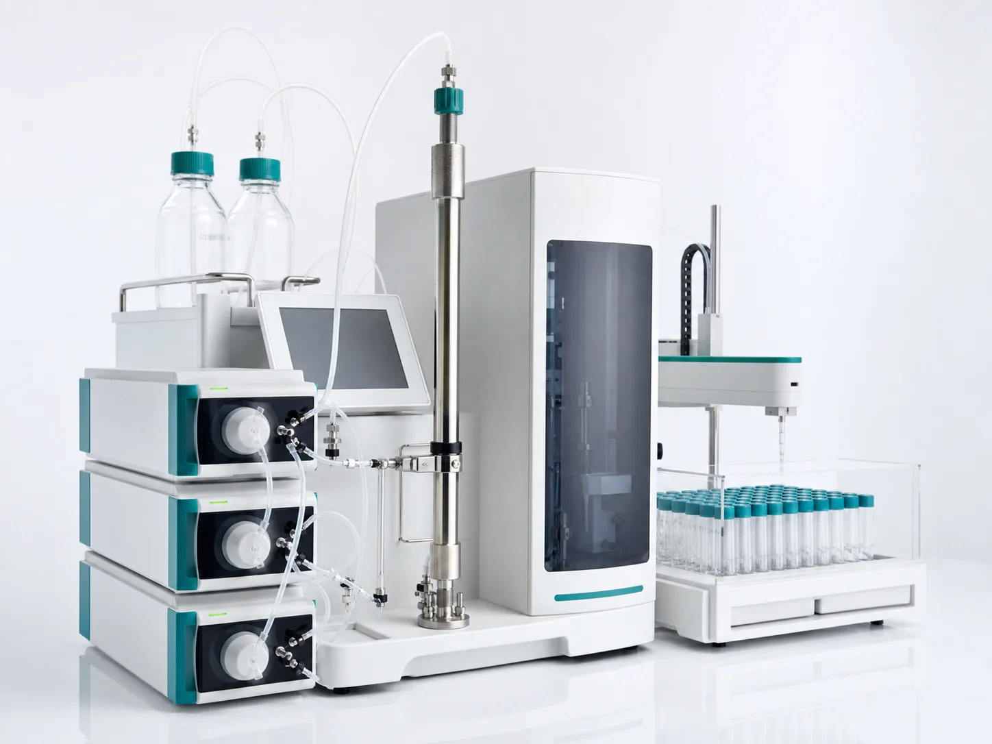 Automated analytical chromatography system with pumps, column, fraction collector, and sample vials.