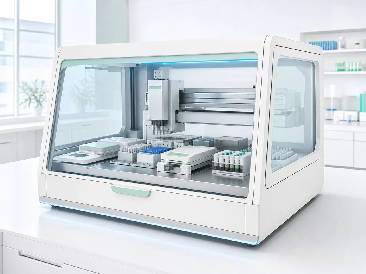 Enclosed automated DNA assembly and plasmid engineering station with a robotic gantry, microplates, tube racks, and integrated processing modules.