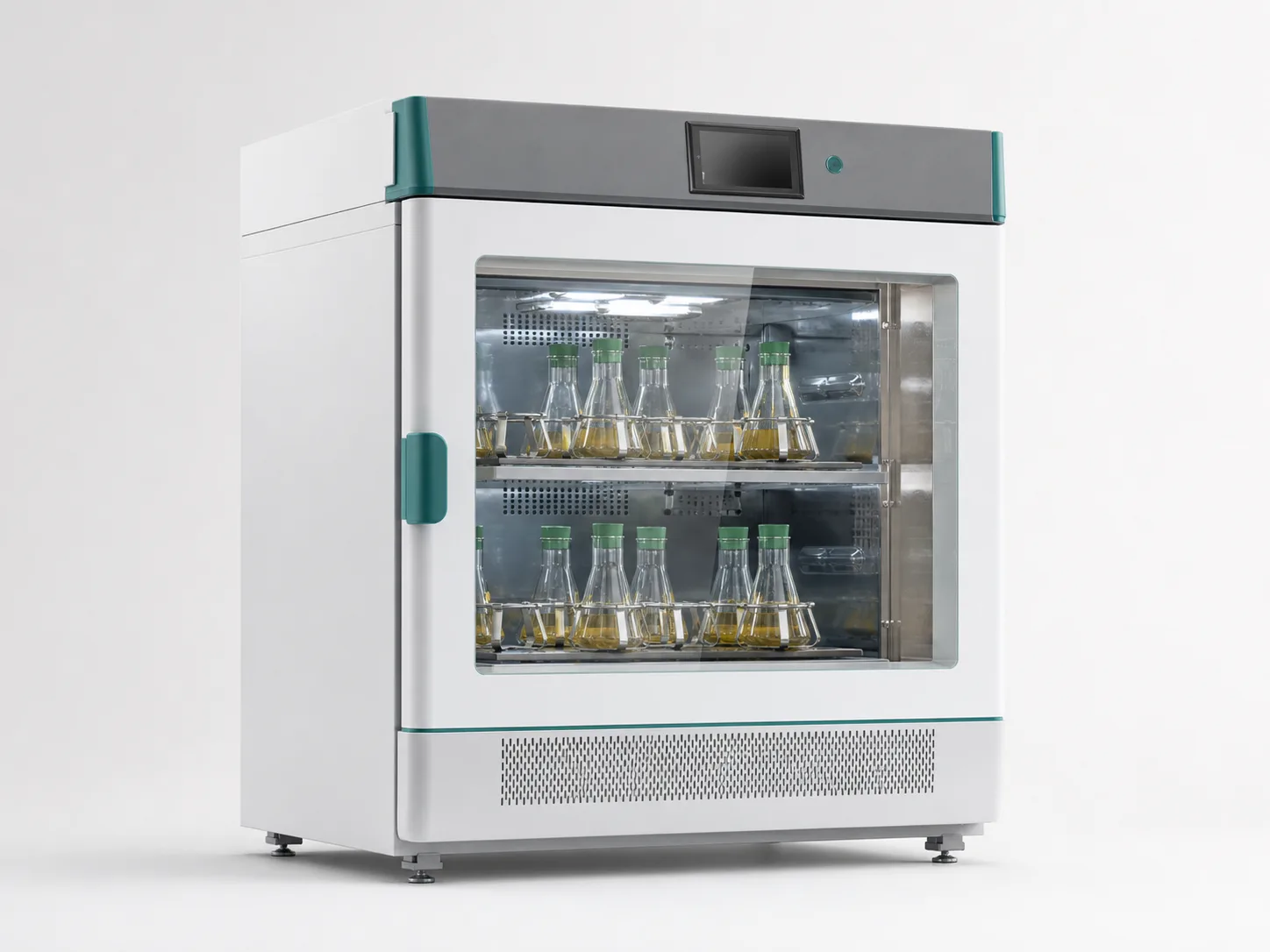 Temperature-controlled incubator shaker containing organized yeast culture flasks.