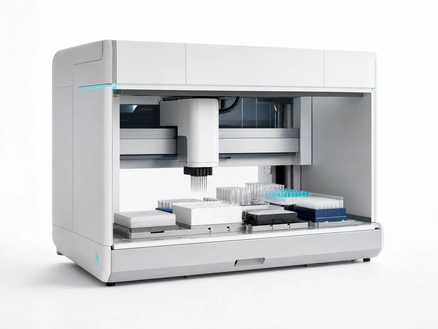 Automated robotic liquid handler with pipetting head, microplates, and sample racks.