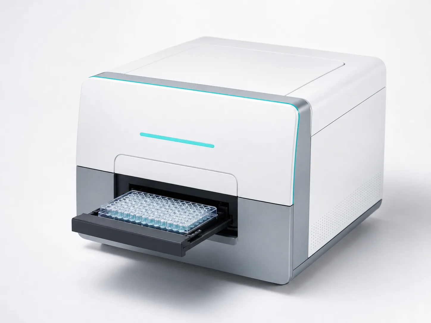 Compact multimode microplate reader with an open tray and 96-well plate.