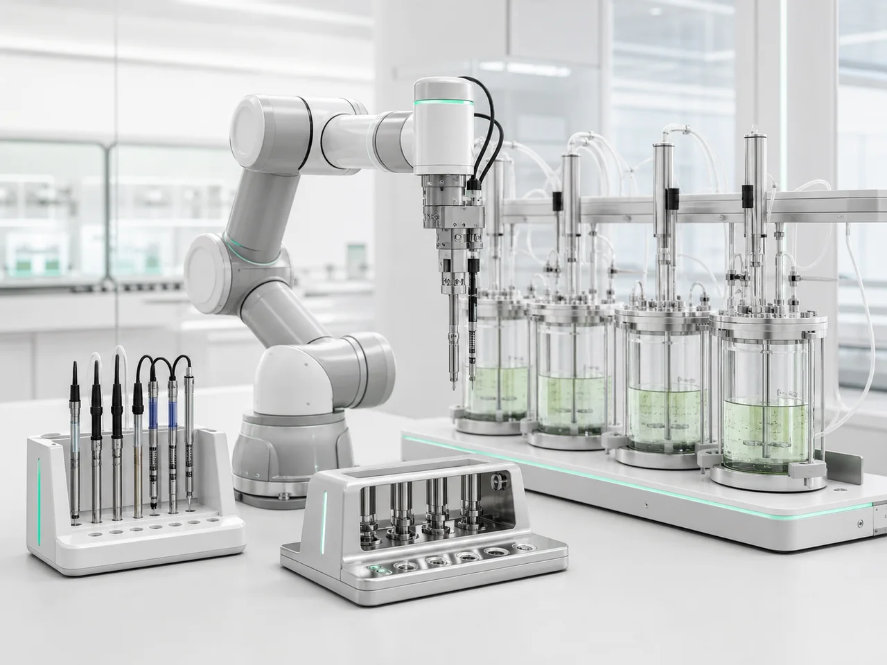 Precision robotic arm positioning calibrated probes beside a parallel bioreactor array, probe rack, and sterilization dock.
