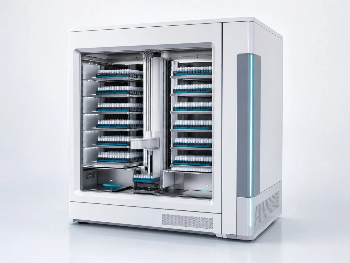 Automated cold-storage cabinet with sample racks and an internal robotic retrieval mechanism.