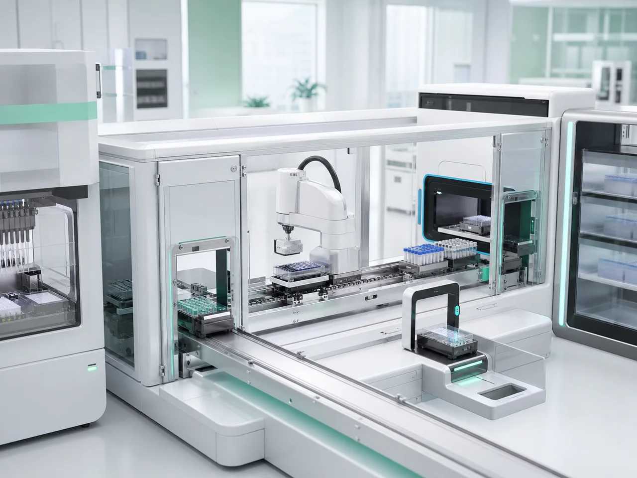 Enclosed robotic sample-transfer rail and arm moving barcoded microplates and tube racks between automated laboratory instruments.
