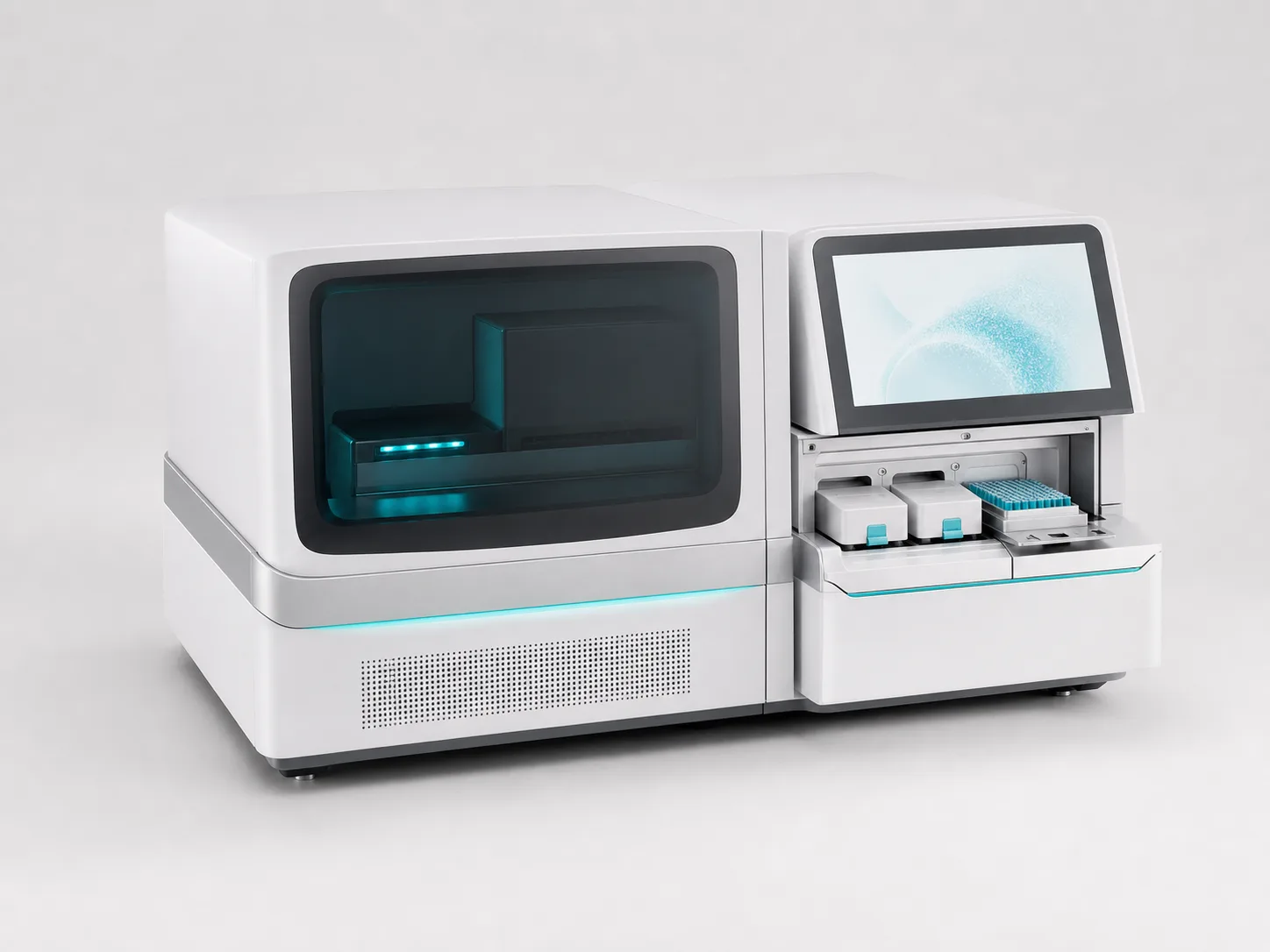 Modern benchtop DNA sequencing instrument with cartridge and sample-loading area.