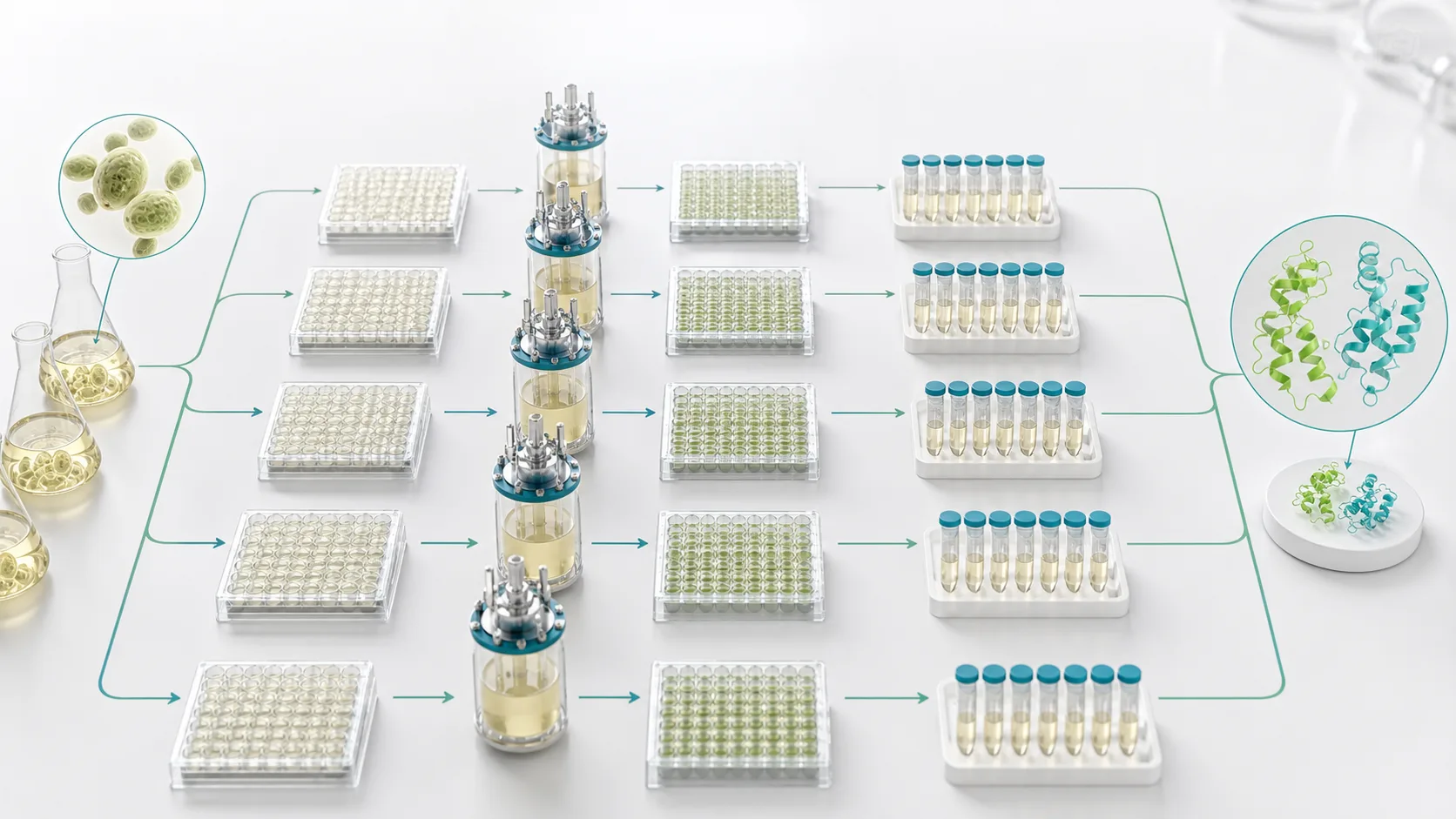 Parallel microplates, culture vessels, and sample paths representing a yeast insulin experiment portfolio.