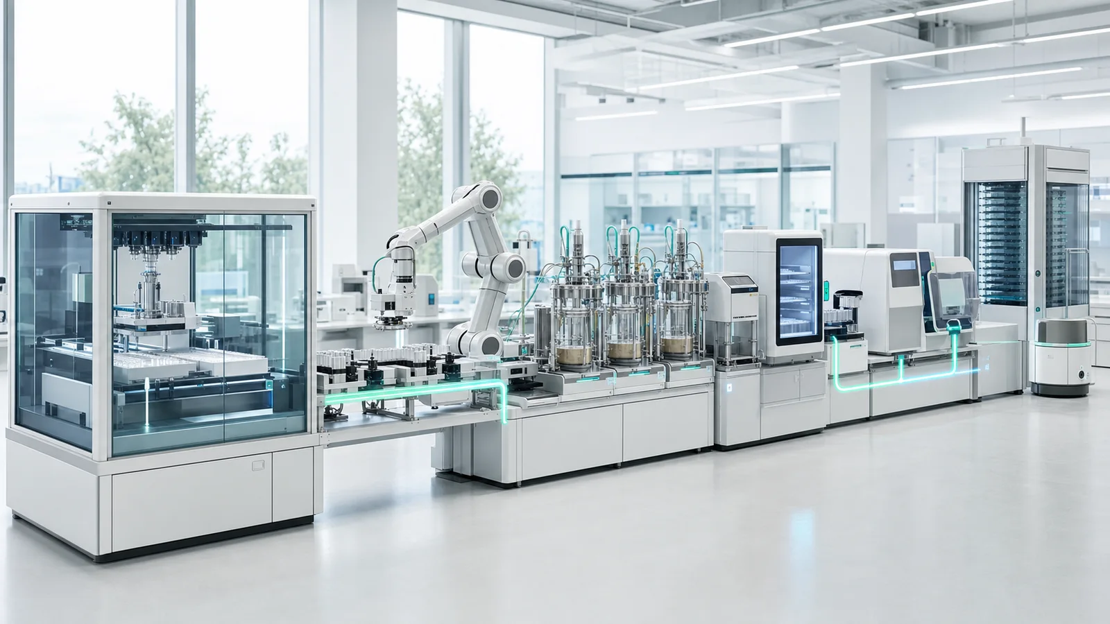 Bright automated yeast insulin workcell with DNA assembly, robotic sample transfer, probe handling, cultivation, analysis, and storage